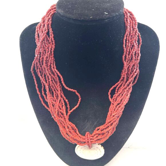 Vintage Multi Strand Seed Bead Rust Red Stone Pendant Necklace B#8 - Picture 8 of 11